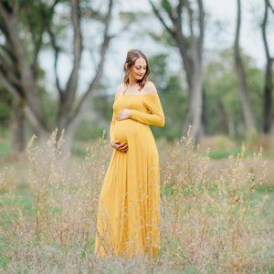 PinkBlush Yellow Solid Off Shoulder Maternity Maxi Dress